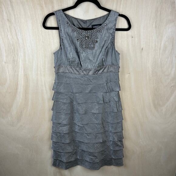 Adrianna Papell Gray Beaded Ruffle Mini Dress 6 Sleeveless Summer‎ Event - Picture 1 of 8